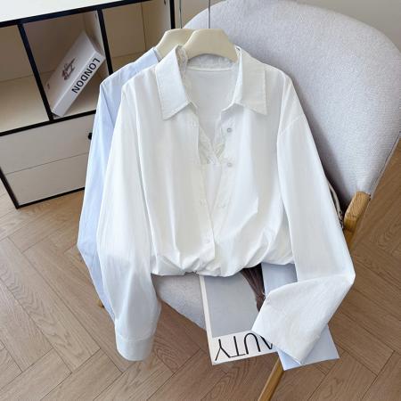 FA55710# 春季新款蕾丝拼接背心假两件套高腰不规则设计感衬衫套装女 服裝批發女裝批發服飾貨源