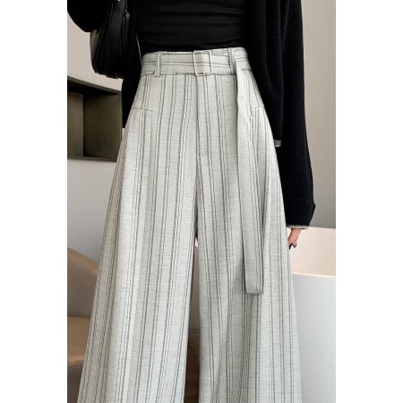 FA55711# 条纹阔腿西装裤女春季高腰显瘦百搭垂感拖地直筒休闲裤 服裝批發女裝批發服飾貨源