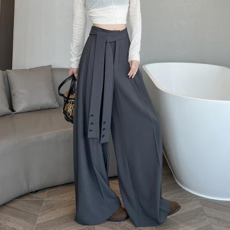 FA55712# 绑带西装阔腿裤女春季设计感高腰垂感直筒宽松休闲拖地裤 服裝批發女裝批發服飾貨源