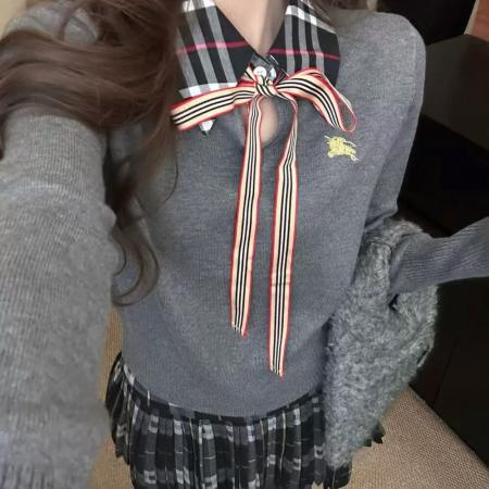 FA55714# 学院风撞色假两件针织套装女撞色格纹上衣百褶短裙两件套 服裝批發女裝批發服飾貨源