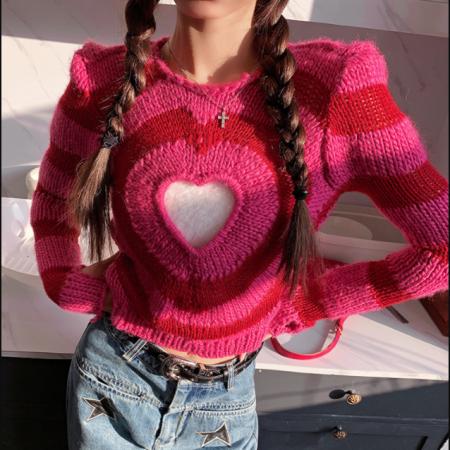 FA55715# 长袖针织衫短款上衣女潮地球店辣妹爱心镂空毛衣秋冬短款修身 服裝批發女裝批發服飾貨源