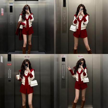 FA55716# 立体花朵针织毛衣外套红色披肩上衣甜美直筒短裤气质套装 服裝批發女裝批發服飾貨源