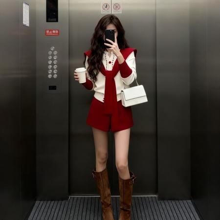 FA55716# 立体花朵针织毛衣外套红色披肩上衣甜美直筒短裤气质套装 服裝批發女裝批發服飾貨源