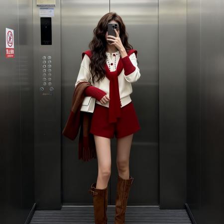 FA55716# 立体花朵针织毛衣外套红色披肩上衣甜美直筒短裤气质套装 服裝批發女裝批發服飾貨源