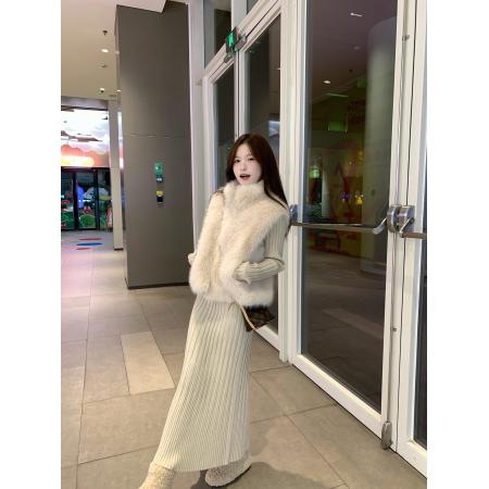 FA55717# 韩风chic气质套装环保皮草马甲内搭连衣裙两件套 服裝批發女裝批發服飾貨源