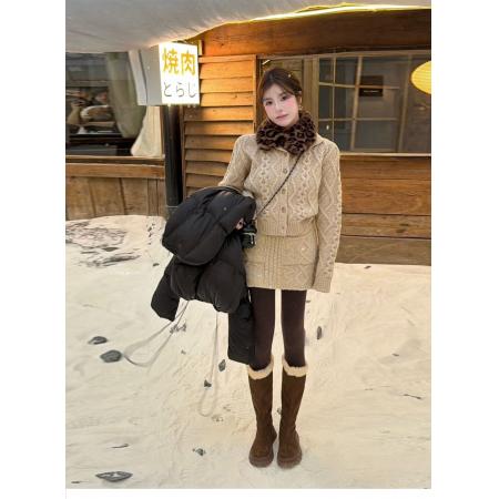 FA55720# 韩系麻花扭结套装女秋冬针织开衫外套时髦包臀半裙两件套 服裝批發女裝批發服飾貨源