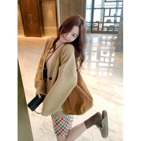 FA55721# 温柔风时髦套装女宽松长袖针织开衫格纹百搭半身裙两件套 服裝批發女裝批發服飾貨源