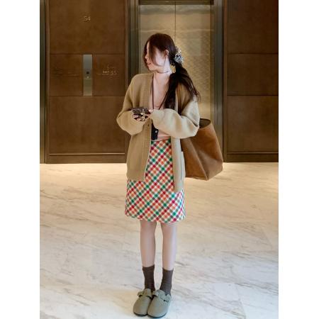 FA55721# 温柔风时髦套装女宽松长袖针织开衫格纹百搭半身裙两件套 服裝批發女裝批發服飾貨源