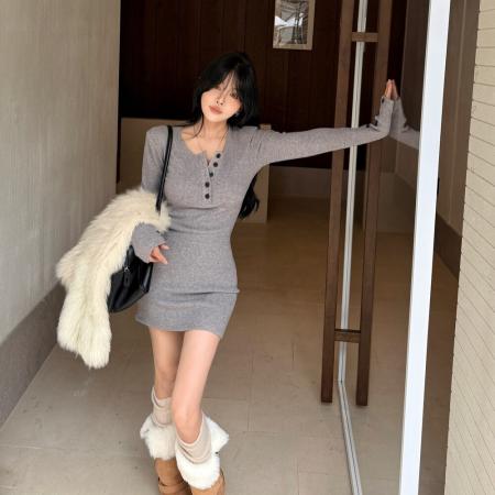 FA55722# 纯欲性感辣针织连衣裙春秋新款内搭打底修身包臀短裙 服裝批發女裝批發服飾貨源