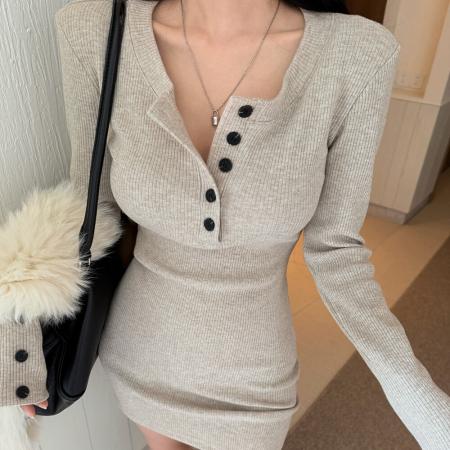 FA55722# 纯欲性感辣针织连衣裙春秋新款内搭打底修身包臀短裙 服裝批發女裝批發服飾貨源