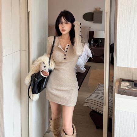 FA55722# 纯欲性感辣针织连衣裙春秋新款内搭打底修身包臀短裙 服裝批發女裝批發服飾貨源