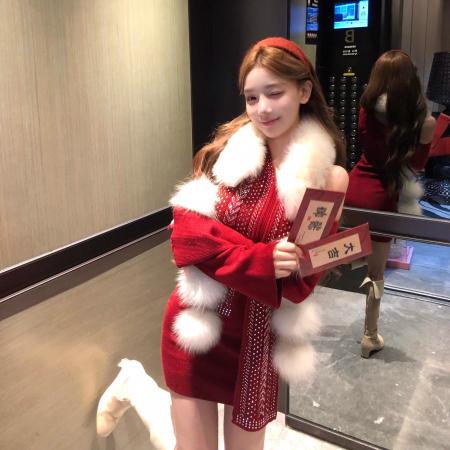 FA55724# 银河裙ins纯欲风高级感绵羊毛漏肩重工烫钻修身连衣裙女 服裝批發女裝批發服飾貨源