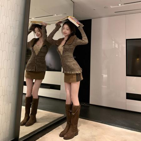 FA55725# 秋冬氛围感毛领拼接格纹波浪花边针织衫时髦气质长袖上衣 服裝批發女裝批發服飾貨源