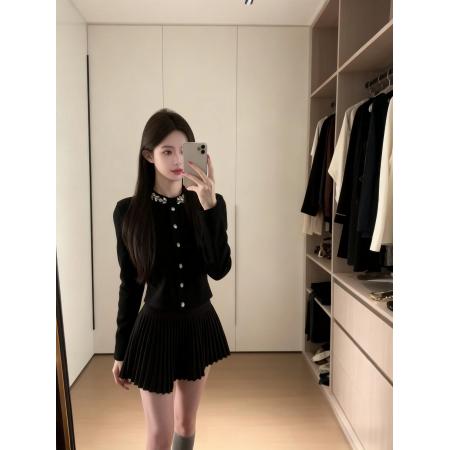 FA55726# miu系千金风高级感套装镶钻针织开衫百褶半身裙小香两件套 服裝批發女裝批發服飾貨源