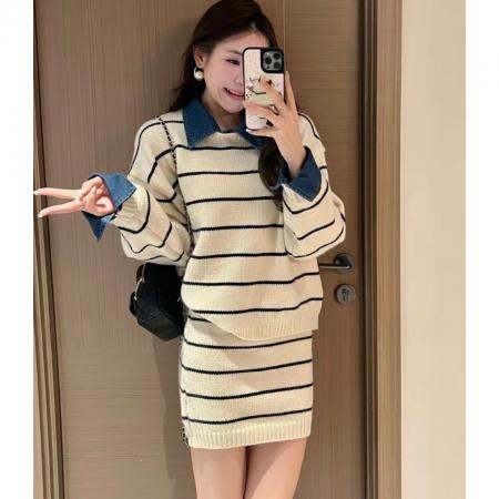 FA55727# 秋冬新款时髦气质套装牛仔拼接条纹毛衣半身裙两件套 服裝批發女裝批發服飾貨源