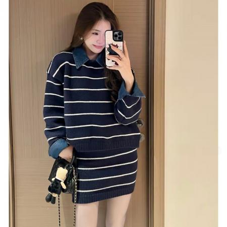 FA55727# 秋冬新款时髦气质套装牛仔拼接条纹毛衣半身裙两件套 服裝批發女裝批發服飾貨源