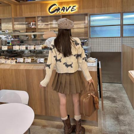 FA55729# 百搭设计感狗狗提花麻花慵懒圆领针织开衫女上衣短款外套 服裝批發女裝批發服飾貨源