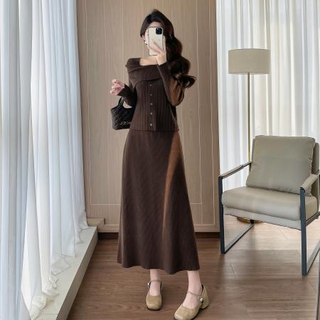 FA55732# 优雅名媛风套装裙气质淑女新款一字肩针织上衣+长裙两件套 服裝批發女裝批發服飾貨源