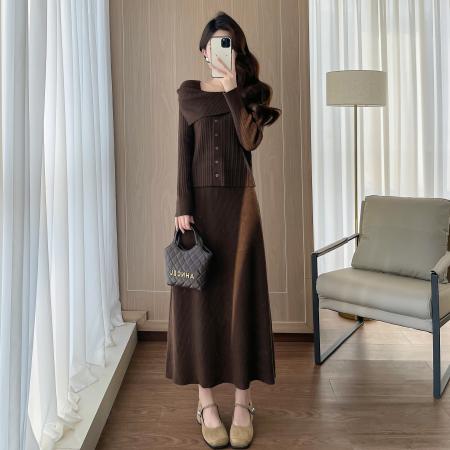 FA55732# 优雅名媛风套装裙气质淑女新款一字肩针织上衣+长裙两件套 服裝批發女裝批發服飾貨源