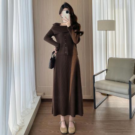 FA55732# 优雅名媛风套装裙气质淑女新款一字肩针织上衣+长裙两件套 服裝批發女裝批發服飾貨源