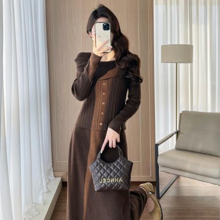 FA55732# 优雅名媛风套装裙气质淑女新款一字肩针织上衣+长裙两件套 服裝批發女裝批發服飾貨源
