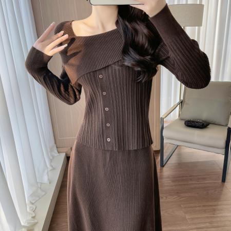 FA55732# 优雅名媛风套装裙气质淑女新款一字肩针织上衣+长裙两件套 服裝批發女裝批發服飾貨源