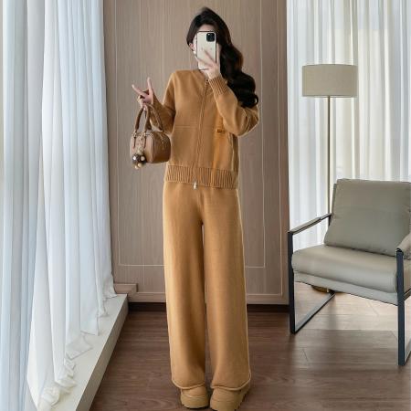 FA55733# 法式休闲复古风套装秋冬新款舒适百搭针织拉链开衫长裤两件套 服裝批發女裝批發服飾貨源