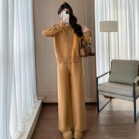 FA55733# 法式休闲复古风套装秋冬新款舒适百搭针织拉链开衫长裤两件套 服裝批發女裝批發服飾貨源