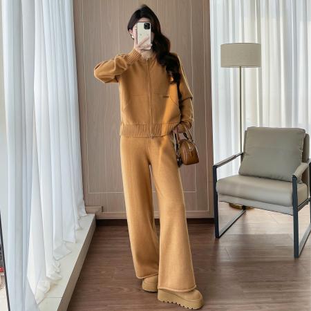 FA55733# 法式休闲复古风套装秋冬新款舒适百搭针织拉链开衫长裤两件套 服裝批發女裝批發服飾貨源