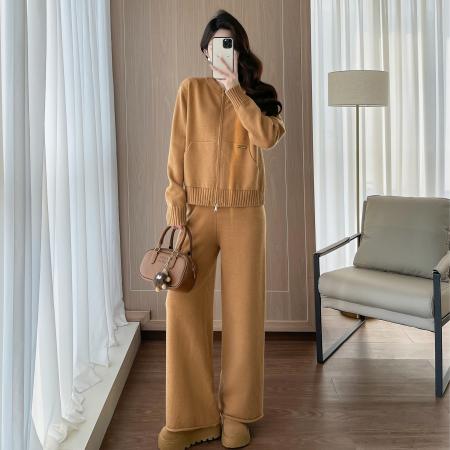 FA55733# 法式休闲复古风套装秋冬新款舒适百搭针织拉链开衫长裤两件套 服裝批發女裝批發服飾貨源