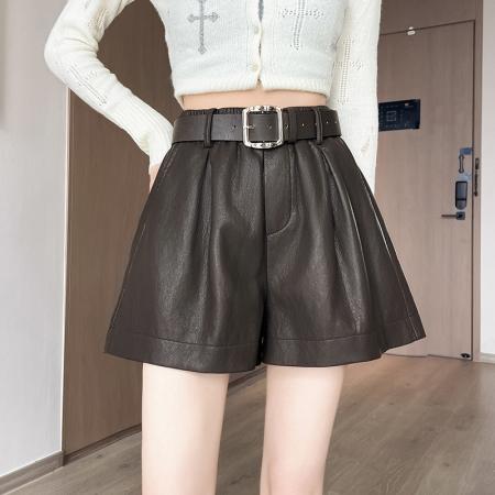 FA55735# 春秋新款时尚高腰PU皮a字阔腿短裤休闲百搭外穿靴裤 服裝批發女裝批發服飾貨源