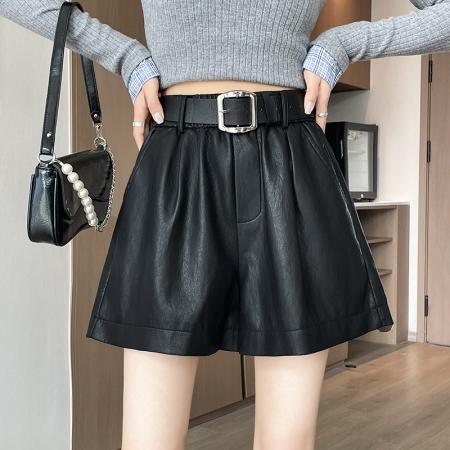 FA55735# 春秋新款时尚高腰PU皮a字阔腿短裤休闲百搭外穿靴裤 服裝批發女裝批發服飾貨源