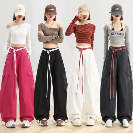 FA55736# 春秋季新款高腰弯刀裤阔腿束脚两穿休闲工装裤运动裤女配腰带 服裝批發女裝批發服飾貨源