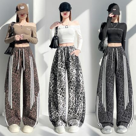 FA55737# 春秋季新款豹纹休闲裤女高腰弯刀裤显瘦百搭慵懒感阔腿裤卫裤 服裝批發女裝批發服飾貨源