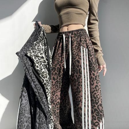 FA55737# 春秋季新款豹纹休闲裤女高腰弯刀裤显瘦百搭慵懒感阔腿裤卫裤 服裝批發女裝批發服飾貨源