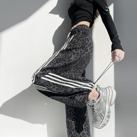 FA55737# 春秋季新款豹纹休闲裤女高腰弯刀裤显瘦百搭慵懒感阔腿裤卫裤 服裝批發女裝批發服飾貨源