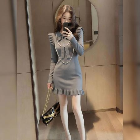 FA55741# 春季韩国新款高级感荷叶边连衣裙通勤风显瘦轻熟法式风中长裙 服裝批發女裝批發服飾貨源