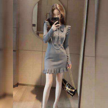 FA55741# 春季韩国新款高级感荷叶边连衣裙通勤风显瘦轻熟法式风中长裙 服裝批發女裝批發服飾貨源