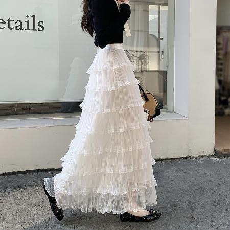 FA55742# 甜美蕾丝花边拼接蛋糕裙网纱半身裙女长款高腰a字蓬蓬裙气质长裙 服裝批發女裝批發服飾貨源