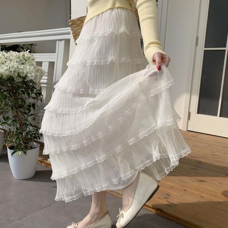 FA55742# 甜美蕾丝花边拼接蛋糕裙网纱半身裙女长款高腰a字蓬蓬裙气质长裙 服裝批發女裝批發服飾貨源