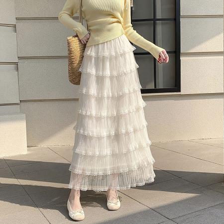 FA55742# 甜美蕾丝花边拼接蛋糕裙网纱半身裙女长款高腰a字蓬蓬裙气质长裙 服裝批發女裝批發服飾貨源