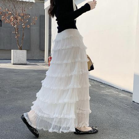 FA55742# 甜美蕾丝花边拼接蛋糕裙网纱半身裙女长款高腰a字蓬蓬裙气质长裙 服裝批發女裝批發服飾貨源
