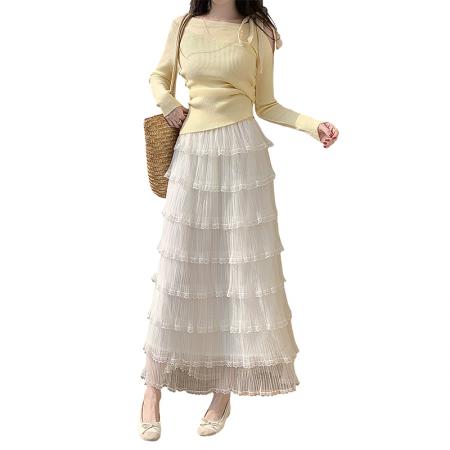 FA55742# 甜美蕾丝花边拼接蛋糕裙网纱半身裙女长款高腰a字蓬蓬裙气质长裙 服裝批發女裝批發服飾貨源