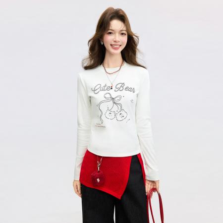 FA55744# 韩系白色正肩圆领印花显瘦内搭打底衫春季长袖T恤上衣女 服裝批發女裝批發服飾貨源