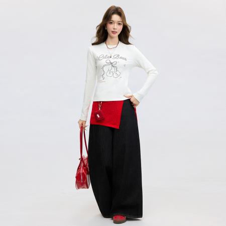 FA55744# 韩系白色正肩圆领印花显瘦内搭打底衫春季长袖T恤上衣女 服裝批發女裝批發服飾貨源