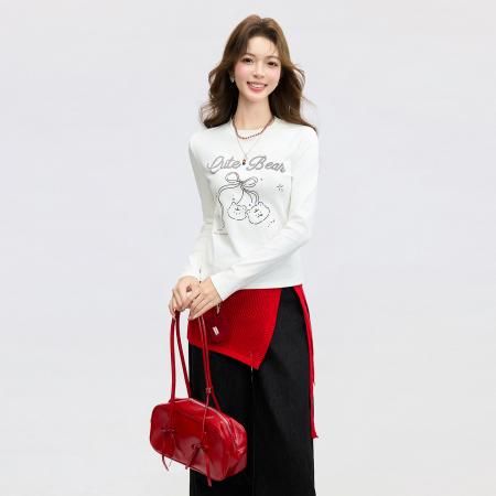 FA55744# 韩系白色正肩圆领印花显瘦内搭打底衫春季长袖T恤上衣女 服裝批發女裝批發服飾貨源