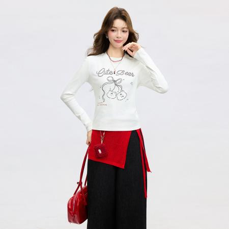 FA55744# 韩系白色正肩圆领印花显瘦内搭打底衫春季长袖T恤上衣女 服裝批發女裝批發服飾貨源