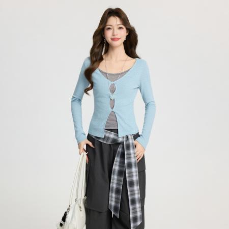 FA55745# 低圆领波点扭结长袖T恤女打底衫内搭春季修身假两件上衣 服裝批發女裝批發服飾貨源