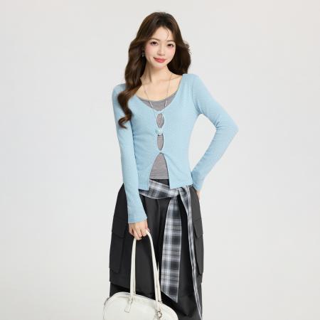 FA55745# 低圆领波点扭结长袖T恤女打底衫内搭春季修身假两件上衣 服裝批發女裝批發服飾貨源