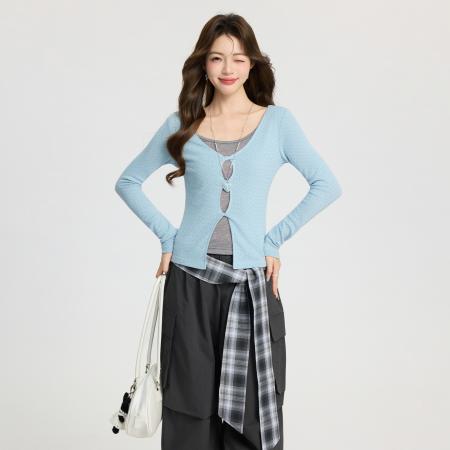 FA55745# 低圆领波点扭结长袖T恤女打底衫内搭春季修身假两件上衣 服裝批發女裝批發服飾貨源